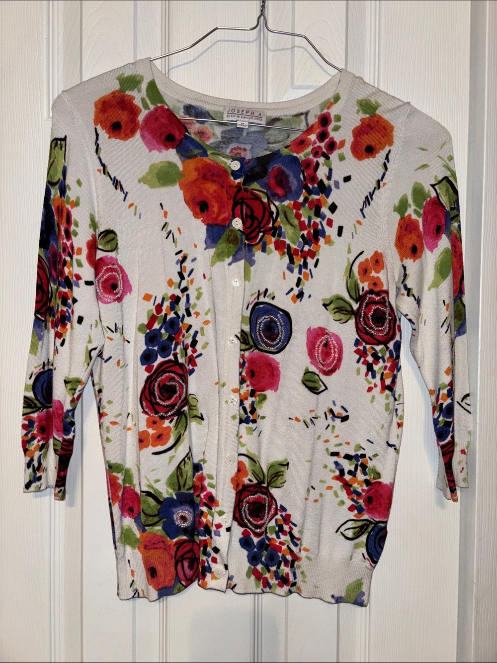 Joseph A White Floral Button-Front Cardigan with Multicolor Blooms